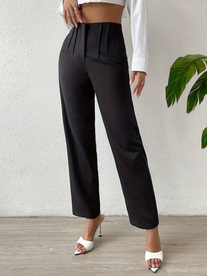 vlovelaw  Solid High Waist Pants, Elegant Straight Leg Ruched Pants, Women's Clothing