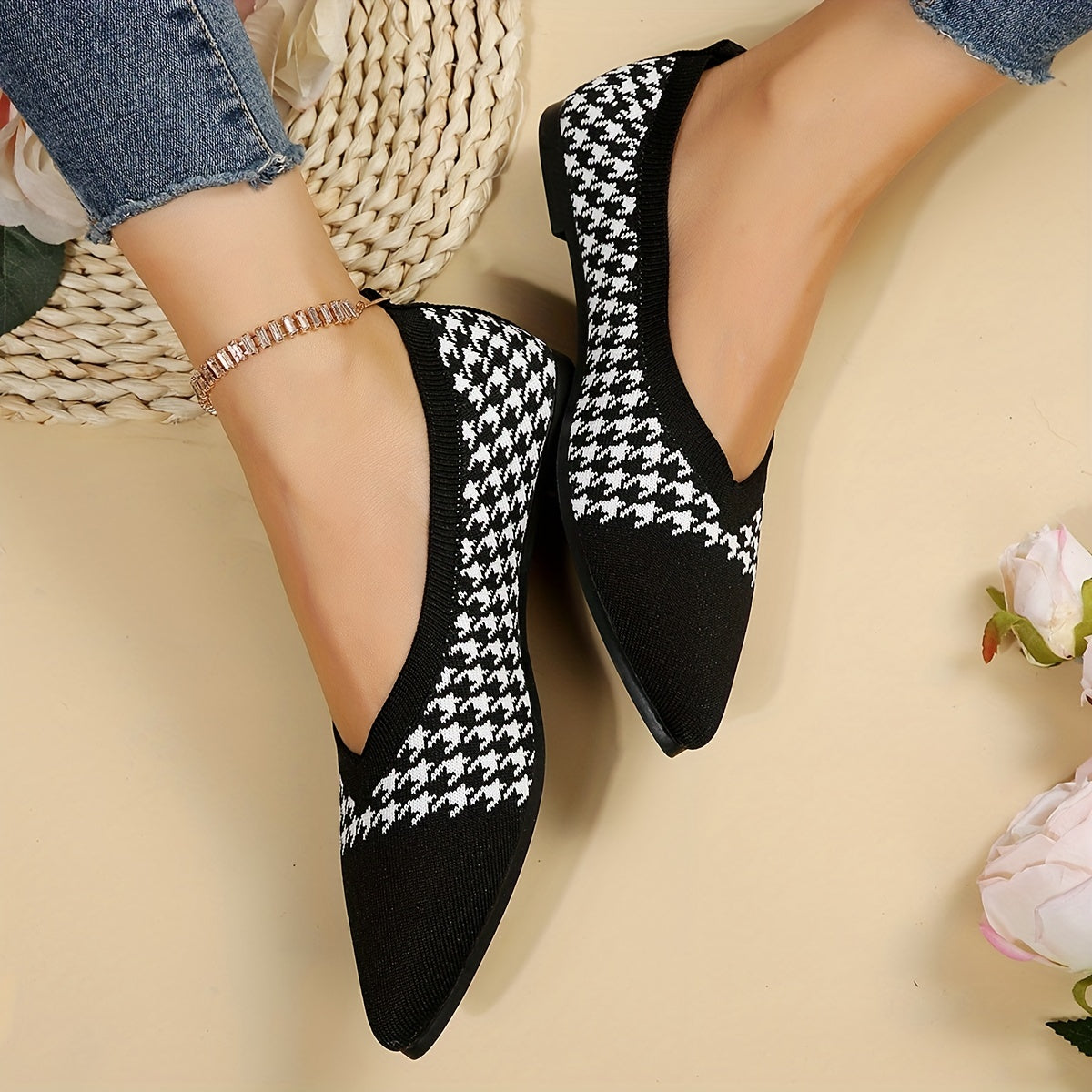 Womens Plaid Houndstooth Pointed Toe Ballet Flats - Lightweight, Soft, Comfy, Slip-on Shoes with Light Up Feature, Faux Leather Insole, and Plastic Sole - Perfect for Fall Season Walking