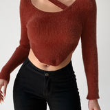 vlovelaw  Solid Asymmetrical Hem Crop Sweater, Sexy Long Sleeve Sweater For Spring & Fall, Women's Clothing