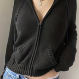 vlovelaw  Zip Up Hooded Knit Cardigan, Casual Drawstring Long Sleeve Sweater, Women's Clothing