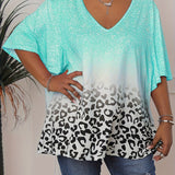 Plus Size Casual Top, Women's Plus Ombre & Floral & Glitter Print Short Sleeve V Neck Slight Stretch Top