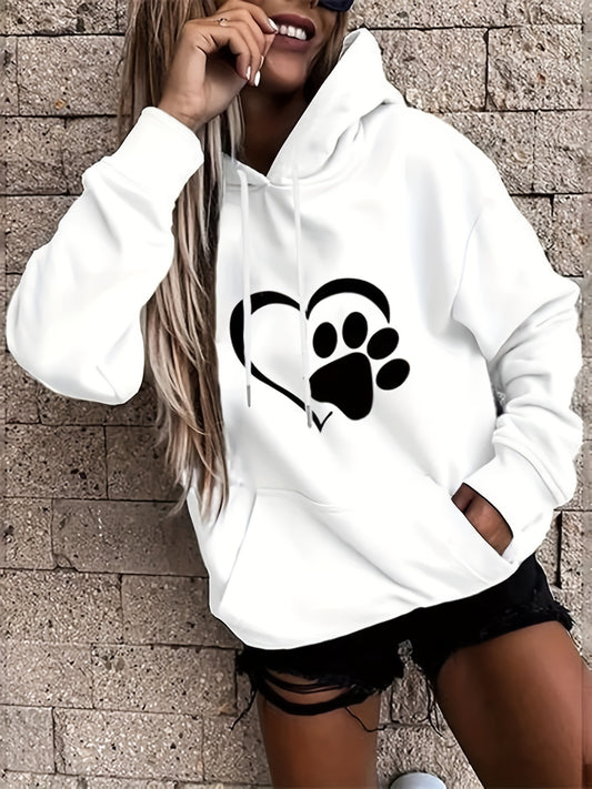 vlovelaw  Plus Size Casual Sweatshirt, Women's Plus Paw Heart Print Long Sleeve Medium Stretch Drawstring Hoodie With Pocket