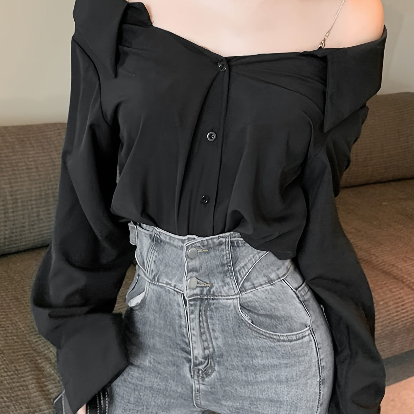 vlovelaw  Solid Off Shoulder Button Front Blouse, Casual Long Sleeve Blouse For Spring & Fall, Women's Clothing