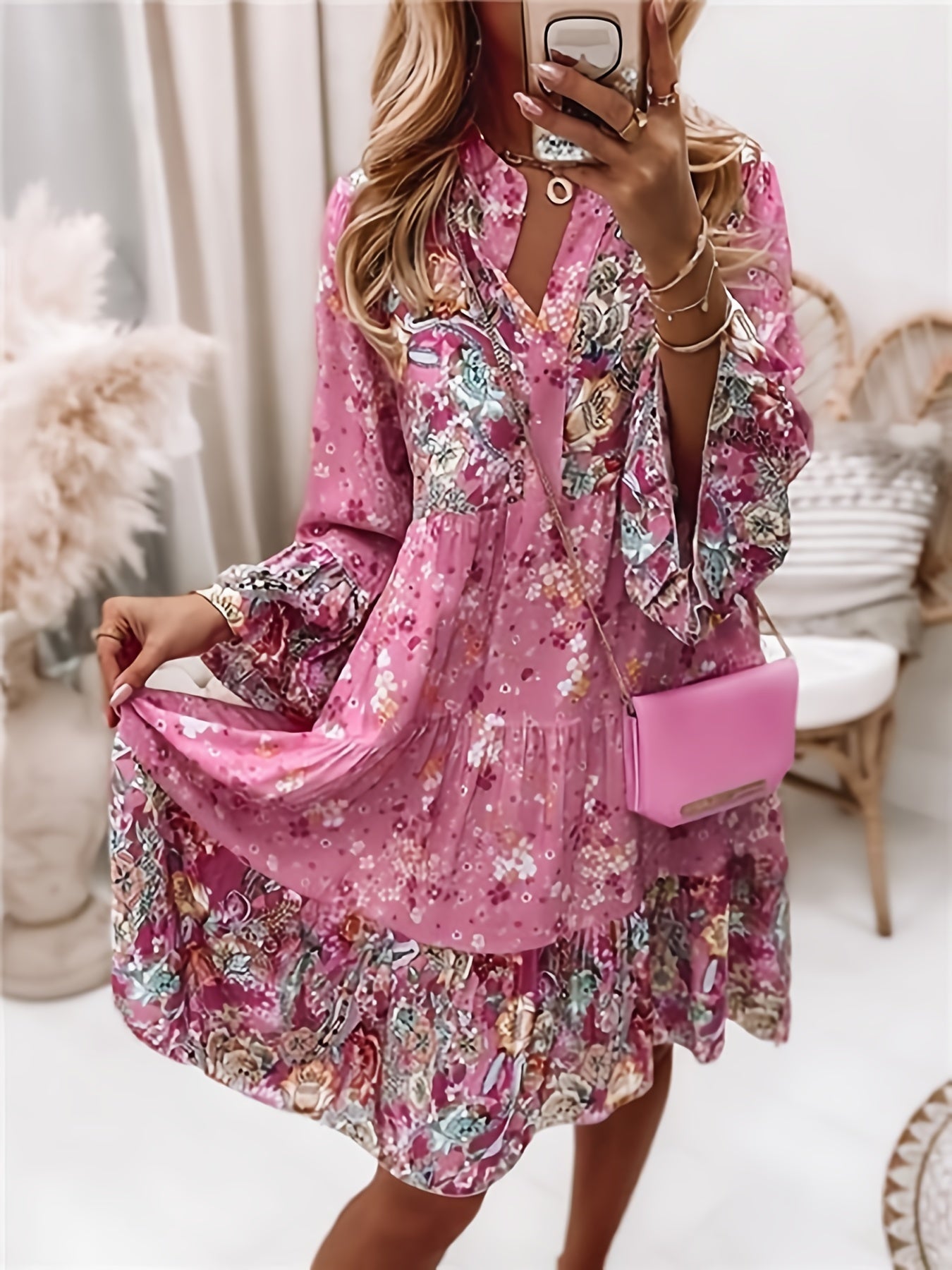 vlovelaw  Floral Print Ruffle Hem Dress, Boho Holiday Long Sleeve V-neck Dress, Women's Clothing