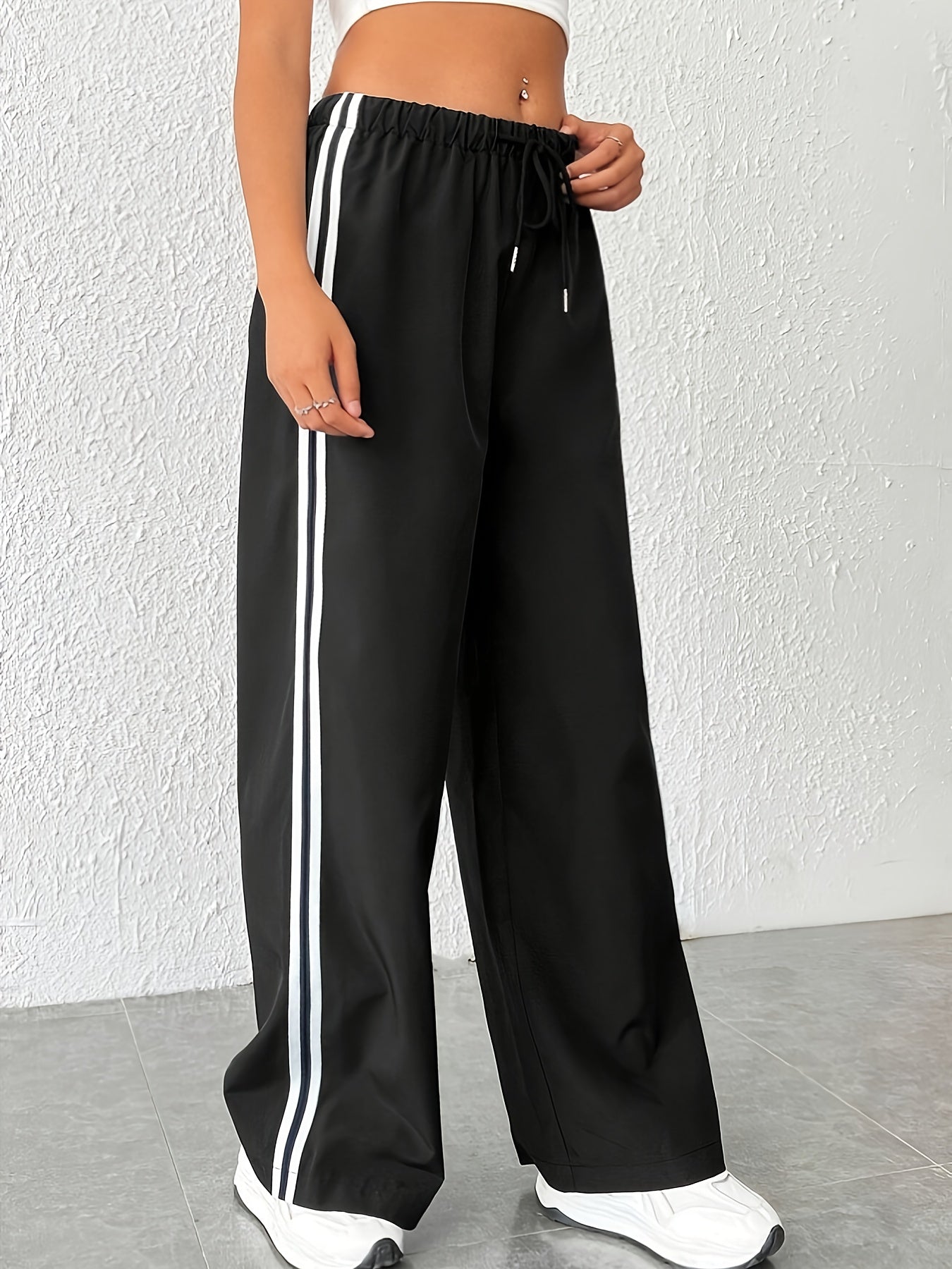 vlovelaw  Striped Drawstring Waist Pants, Casual Wide Leg Pants For Spring & Fall, Women's Clothing