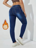 vlovelaw  Fleece Liner Casual Skinny Jeans, Slant Pockets Slim Fit Stretchy Tight Jeans, Women's Denim Jeans & Clothing