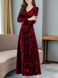 vlovelaw  Floral Pattern Maxi Dress, Elegant V Neck Long Sleeve Dress, Women's Clothing