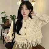 Solid Button Down Knit Cardigan, Elegant Tassel Trim Long Sleeve Crop Sweater, Women's Clothing