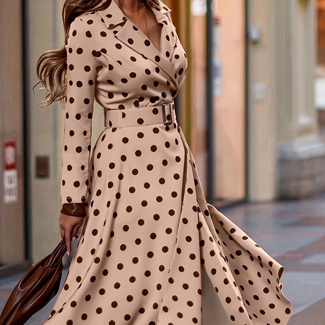 vlovelaw  Plus Size Elegant Dress, Women's Plus Polka Dot Print Long Sleeve Lapel Collar Nipped Waist Dress