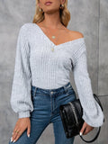 vlovelaw  Ribbed V Neck T-shirt, Elegant Long Sleeve Top For Spring & Fall, Women's Clothing