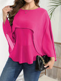 vlovelaw  Plus Size Elegant Blouse, Women's Plus Solid Layered Mesh Batwing Sleeve Round Neck Shirt Top