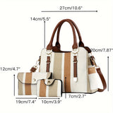 3PCS  New Design Stripe Pattern Canvas Tote Bag Set - Zipper Closure, Premium PU Leather Top Handle, Detachable Clutch, Card Holder, Polyester Lining, Perfect for Ladies Work, Teacher, and Occasional Use