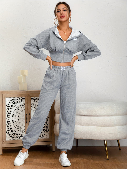 vlovelaw  Solid Casual Two-piece Set, Zip Up Long Sleeve Hoodies & Elastic Waist Jogger Pants Outfits, Women's Clothing