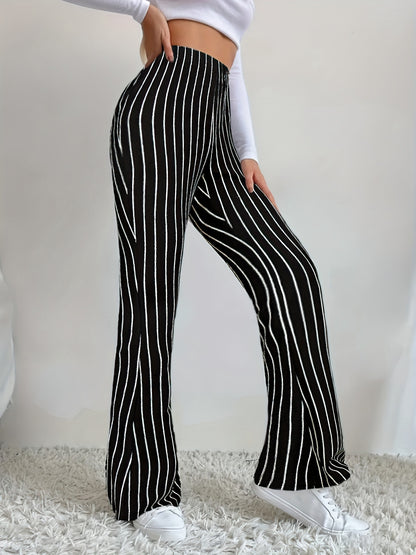 Striped Print Flared Leg Pants, Elegant Elastic Waist Slim Pants, Women's Clothing