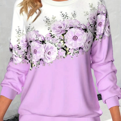 vlovelaw  Crew Neck Flowers Print Sweatshirt, Casual Sports Running Long Sleeve Tops, Women's Clothing