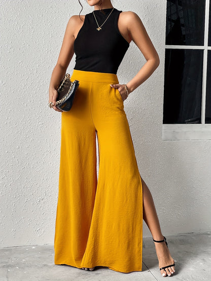 Solid Split Wide Leg Pants, Casual High Waist Slant Pocket Pants, Women's Clothing