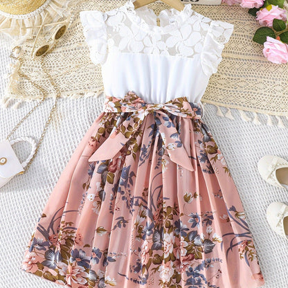 Summer Blooms Girls Dress - Lace Accented Pleated Floral Print with Belt for Holiday Wear