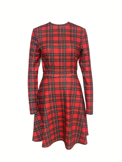 vlovelaw Plaid Print Crew Neck Dress, Elegant Long Sleeve Dress For Spring & Fall, Women's Clothing