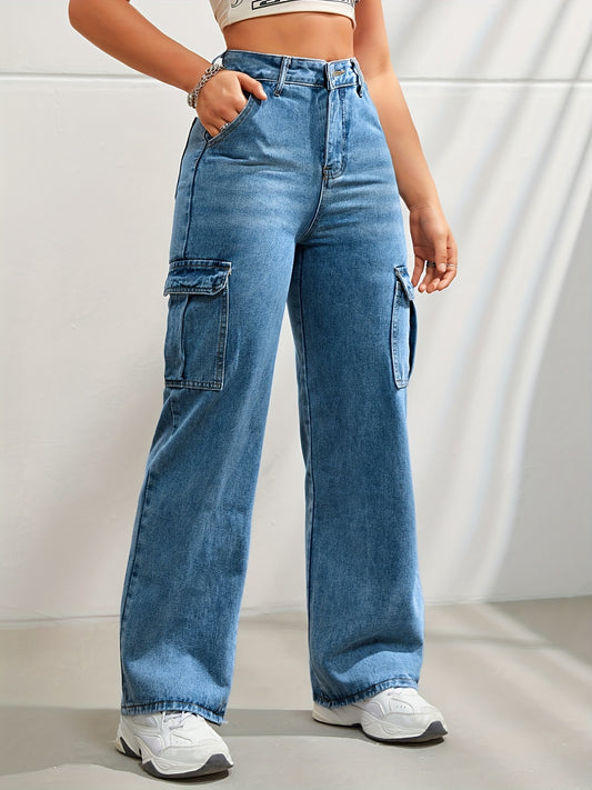 vlovelaw Side Flap Pocket High Waist Denim Cargo Pants, Light Washed Casual Slash Pocket Cargo Jeans, Kpop Y2K, Women's Denim Jeans & Clothing