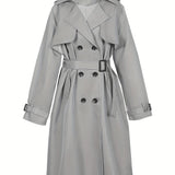 vlovelaw  Plus Size Casual Coat, Women's Plus Solid Long Sleeve Lapel Collar Double Button Buckle Overcoat With Belt