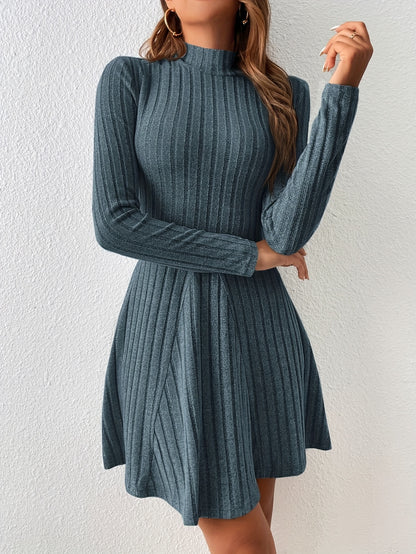 vlovelaw  Solid Ribbed Dress, Casual Mock Neck Long Sleeve Dress, Women's Clothing