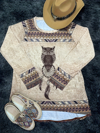 vlovelaw Owl Print Raglan Sleeve Tunics, Vintage Boho Crew Neck Tunics, Women's Clothing