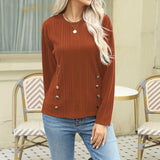 vlovelaw  Ribbed Button Decor Crew Neck T-Shirt, Casual Long Sleeve Top For Spring & Fall, Women's Clothing