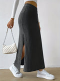 Ribbed Slit Hem Skirt, Casual Ankle Length Skirt For Spring & Summer, Women's Clothing