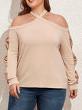 Plus Size Sexy Top, Women's Plus Solid Sequin Decor Cold Shoulder Cut Out Long Sleeve Criss Cross Halter Neck Medium Stretch Top