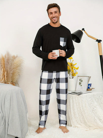 2 Pcs Mens Plaid Pajama Sets with Pocket - Soft, Breathable, and Stretchy Crew Neck Long Sleeves & Loose Fit Pants for Cozy Loungewear - Comfortable, Skin-Friendly, and Asymmetrical Design for Spring and Fall