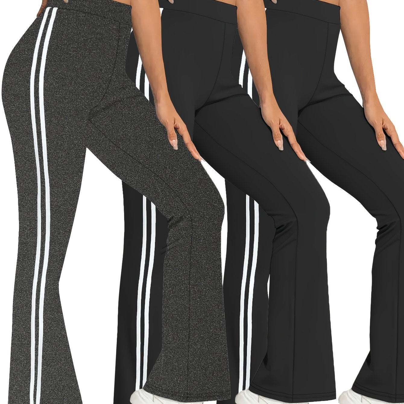 vlovelaw  3 Pcs Women's Sports Pants Set, Plus Size Contrast Striped High Waist Stretchy Flare Leg Fitness Pants 3 Piece Set