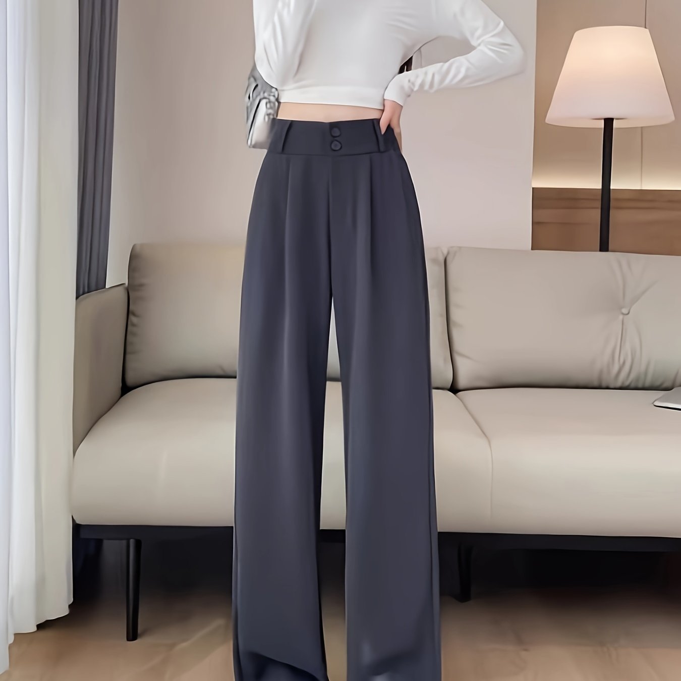 vlovelaw Solid Color Straight Leg Pants, Casual High Waist Loose Pants For Spring & Fall, Women's Clothing