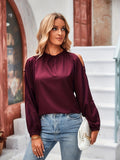 vlovelaw  Solid Cold Shoulder Blouse, Elegant Ruffle Trim Long Sleeve Blouse, Women's Clothing