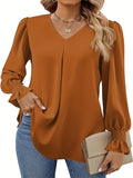 vlovelaw Solid V-neck Simple Blouse, Versatile Lantern Sleeve Blouse For Spring & Fall, Women's Clothing