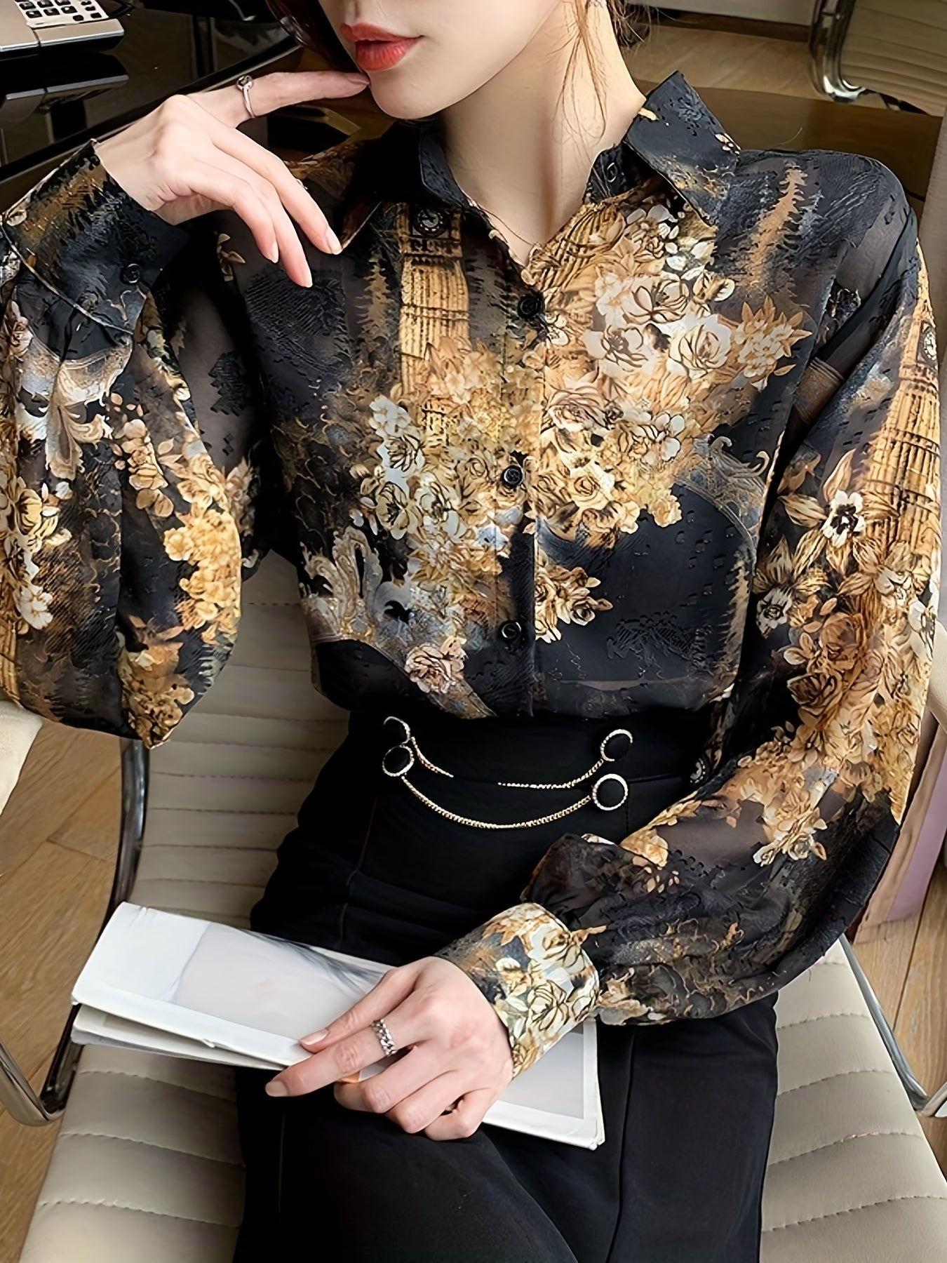 Floral Print Button Front Shirt, Casual Long Sleeve Shirt For Spring & Fall, Women's Clothing