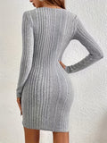 vlovelaw Solid Color Bag Hip Dress, Elegant Ribbed Surplice Neck Long Sleeve Knitting Dress For Spring & Fall, Women's Clothing