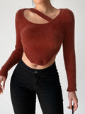 vlovelaw  Solid Asymmetrical Hem Crop Sweater, Sexy Long Sleeve Sweater For Spring & Fall, Women's Clothing