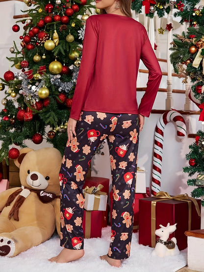 Women's Christmas Gingerbread Man & Slogan Print Pajama Set, Long Sleeve Round Neck Top & Pants, Comfortable Relaxed Fit For Fall