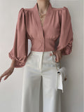 vlovelaw  Solid Button Front V-neck Slim Blouse, Elegant Lantern Sleeve Blouse For Spring & Fall, Women's Clothing