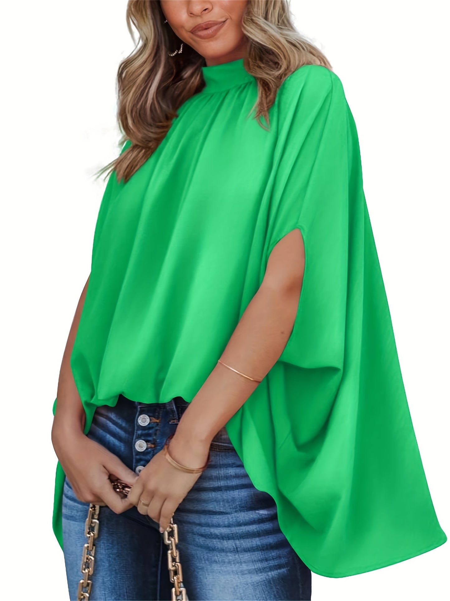 vlovelaw Solid Batwing Sleeve Blouse, Casual Ruched High Collar Loose Blouse, Women's Clothing