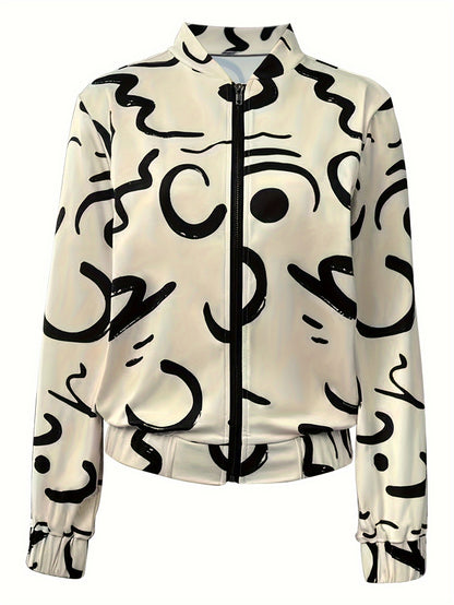 Abstract Print Zip Up Bomber Jacket, Casual Long Sleeve Outerwear, Women's Clothing