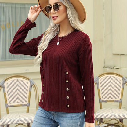 vlovelaw  Ribbed Button Decor Crew Neck T-Shirt, Casual Long Sleeve Top For Spring & Fall, Women's Clothing