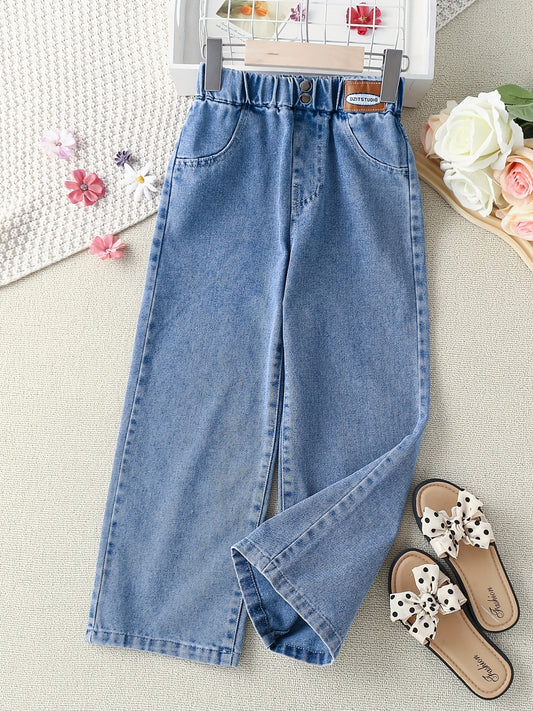 vlovelaw  Toddler Girls Button Jeans Elastic Waist Loose Wide Leg Denim Pants Kids Spring Summer Clothes