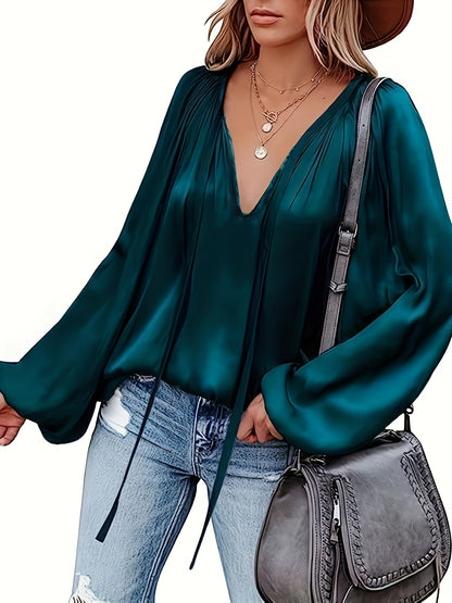 Solid Tie Neck Pleated Blouse, Casual Long Sleeve Blouse For Spring & Fall, Women's Clothing