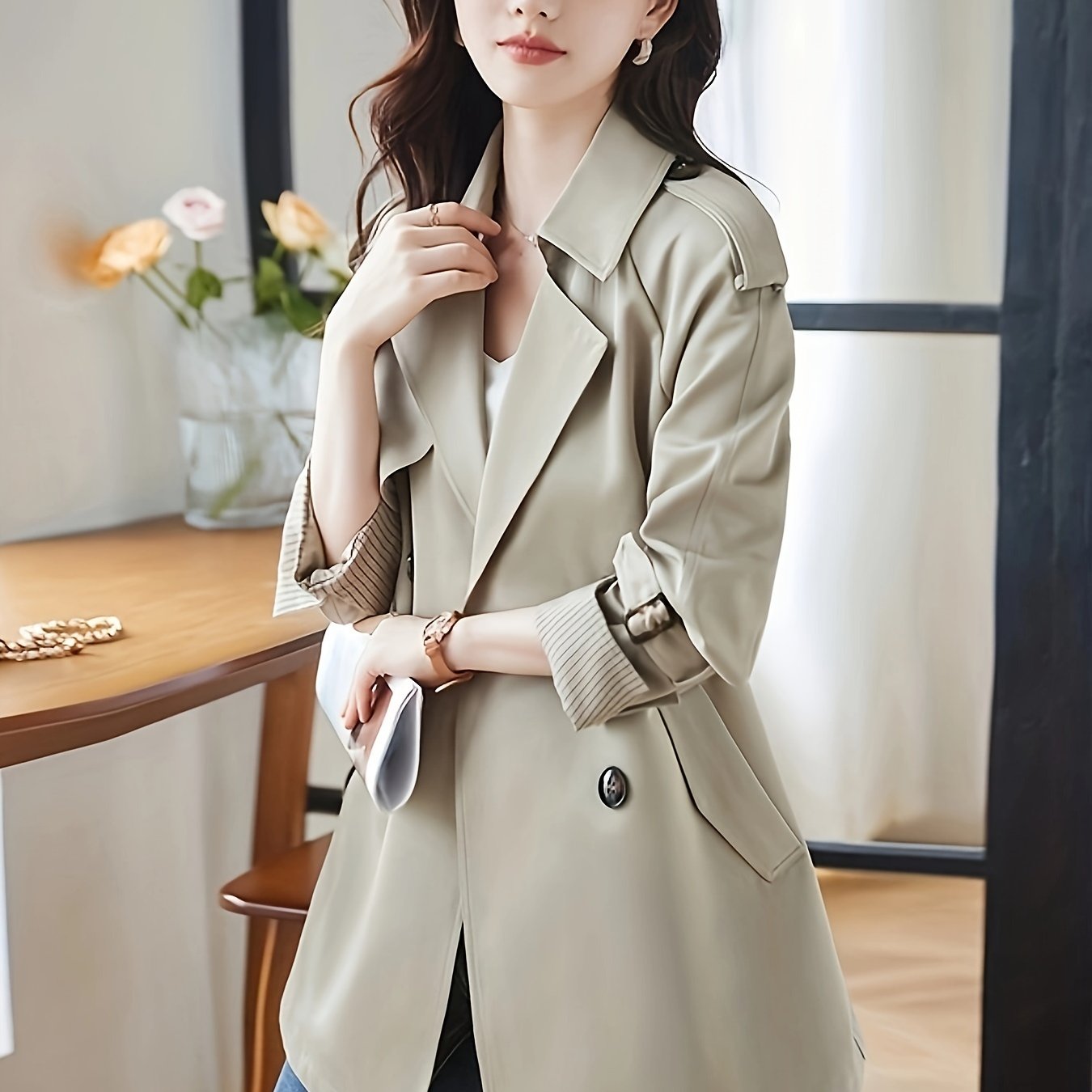 vlovelaw  Double-breasted Notched Collar Coat, Casual Long Sleeve Pocket Coat For Fall & Winter, Women's Clothing