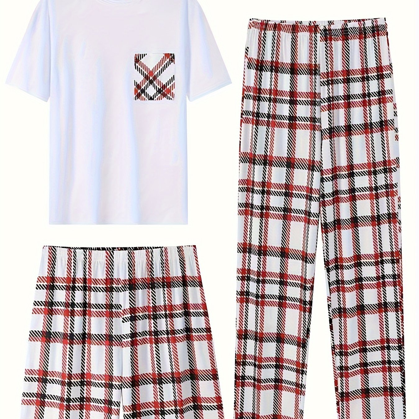 3-Piece Men's Comfort Loungewear Set - Trendy Short Sleeve Crew Neck T-Shirt, Plaid Stretchy Shorts & Pants - Relaxed Elastic Waistband - Casual Home Wear