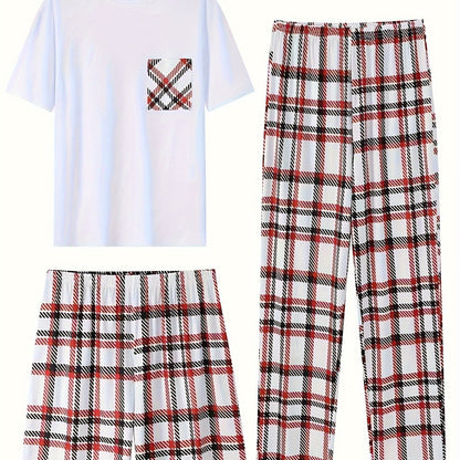 3-Piece Men's Comfort Loungewear Set - Trendy Short Sleeve Crew Neck T-Shirt, Plaid Stretchy Shorts & Pants - Relaxed Elastic Waistband - Casual Home Wear