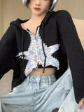vlovelaw  vlovelaw  Star Pattern Zip-up Crop Jacket, Chic Long Sleeve Drawstring Hooded Knit Cardigan, Women's Clothing