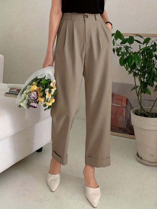 Solid Button Straight Leg Pants, Casual High Waist Draped Pleated Pants, Women's Clothing