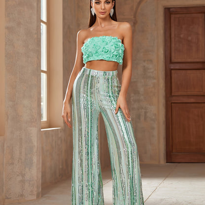 vlovelaw  Elegant Two-piece Set, Floral Patttern Crop Tube Top & Sequined Wide Leg Pants Outfits, Women's Clothing